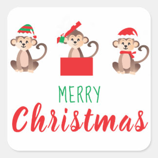 Merry Christmas Monkey Wearing Santa Hat Square Sticker