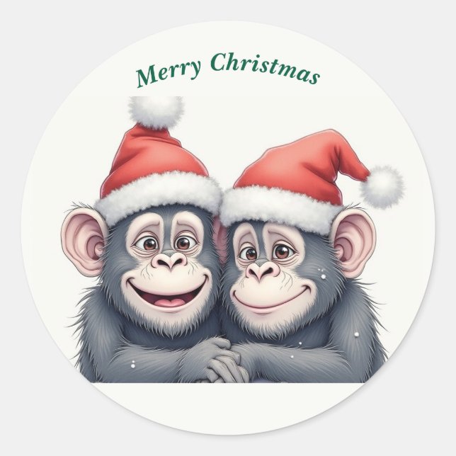 Merry Christmas monkeys  Classic Round Sticker (Front)