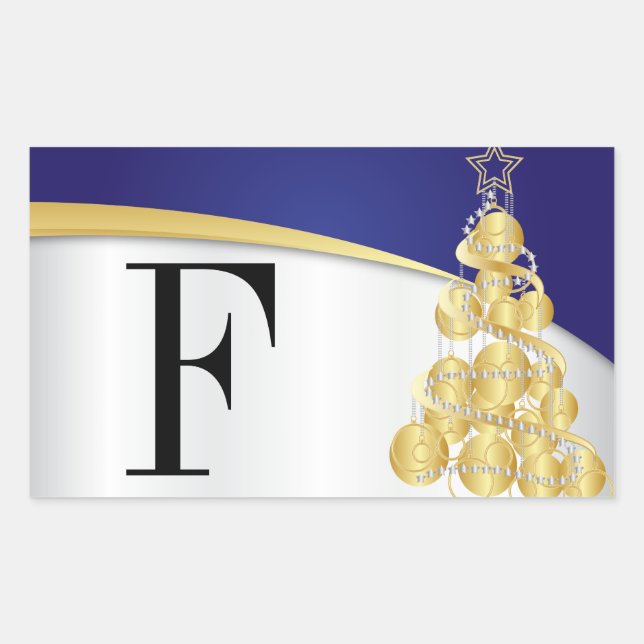 Merry Christmas Monogram Bright Blue and Gold Rectangular Sticker (Front)