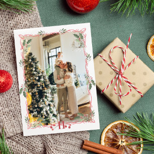 Merry Christmas Monogram Holly Berry Photo  Holiday Card