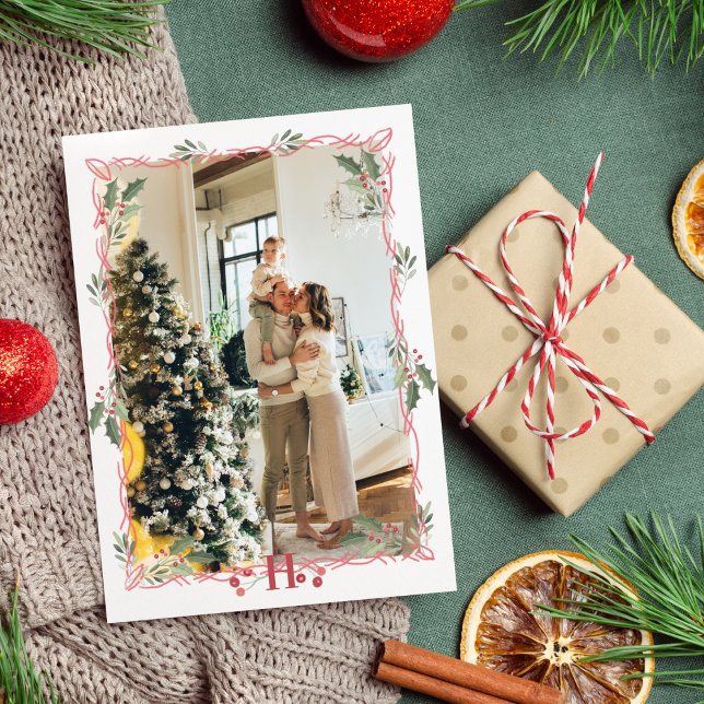 Merry Christmas Monogram Holly Berry Photo  Holiday Card (Creator Uploaded)