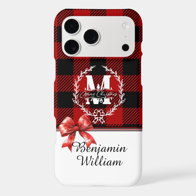 Merry Christmas Monogram Wreath Buffalo Plaid (Back)