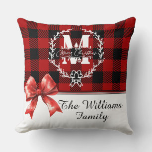 Merry Christmas Monogram Wreath Buffalo Plaid Cushion