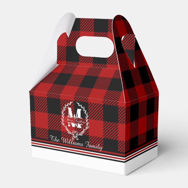 Merry Christmas Monogram Wreath Buffalo Plaid Favour Box (Front Side)