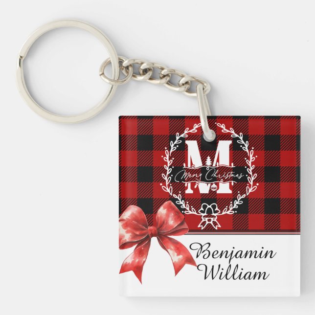 Merry Christmas Monogram Wreath Buffalo Plaid Key Ring (Front)