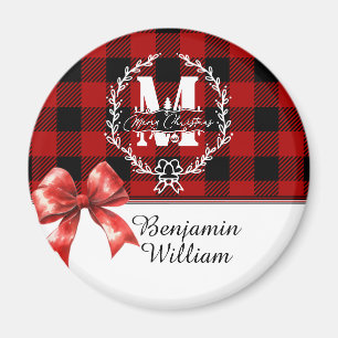 Merry Christmas Monogram Wreath Buffalo Plaid Magnet