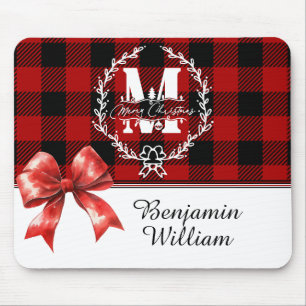 Merry Christmas Monogram Wreath Buffalo Plaid Mouse Pad