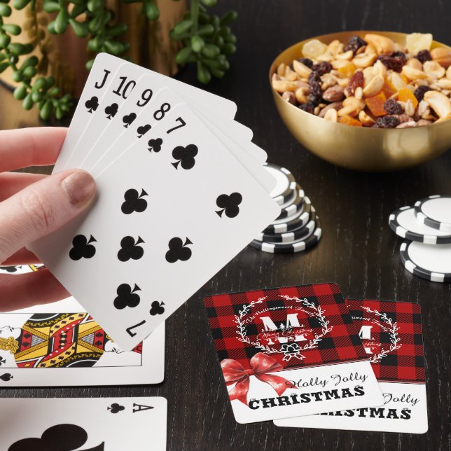 Merry Christmas Monogram Wreath Buffalo Plaid Playing Cards (In Situ)