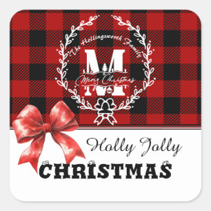 Merry Christmas Monogram Wreath Buffalo Plaid Square Sticker