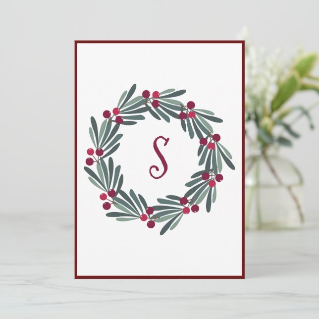 Merry Christmas Monogram Wreath Holiday Card (Standing Front)