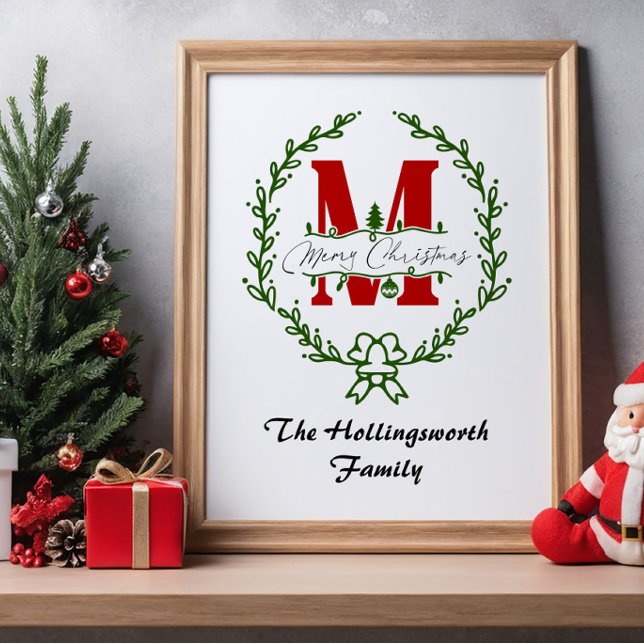 Merry Christmas Monogram Wreath Personalise Poster (Creator Uploaded)