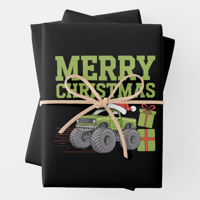 Merry Christmas Monster Truck Toddler Boys Xmas  Wrapping Paper Sheet (In situ)