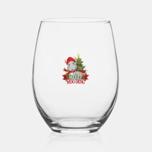 Merry Christmas Moo Deng Christmas Baby Hippo Sant Stemless Wine Glass