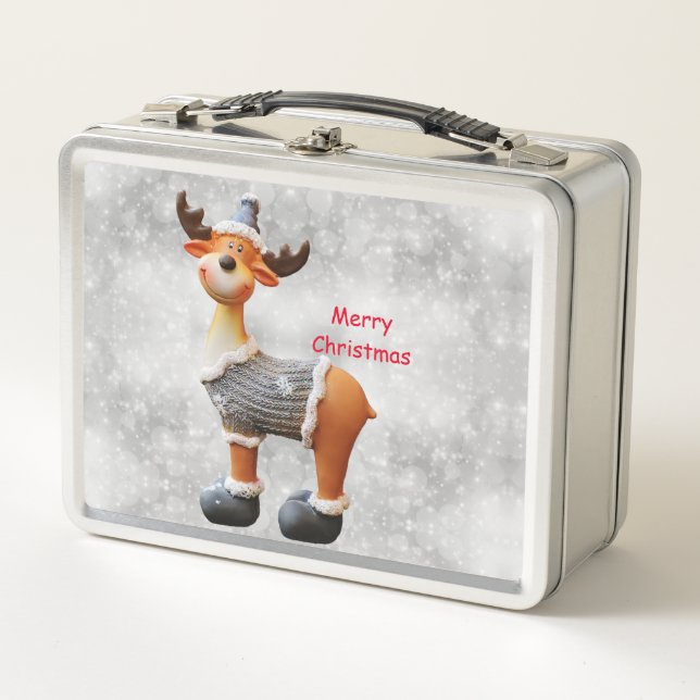 Merry Christmas moose wearing a hat   Metal Lunch Box (Front)