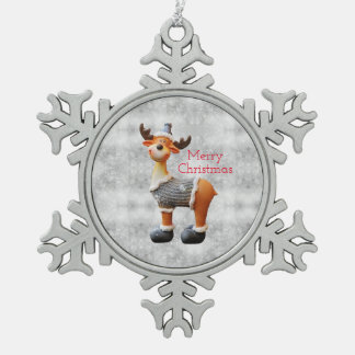Merry Christmas moose wearing a hat Snowflake Pewter Christmas Ornament