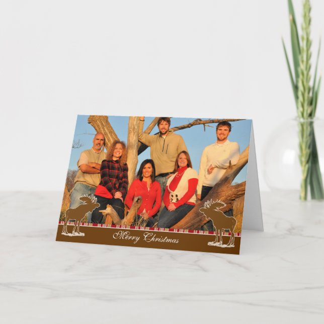 Merry Christmas Moose White Outline Holiday Card (Front)