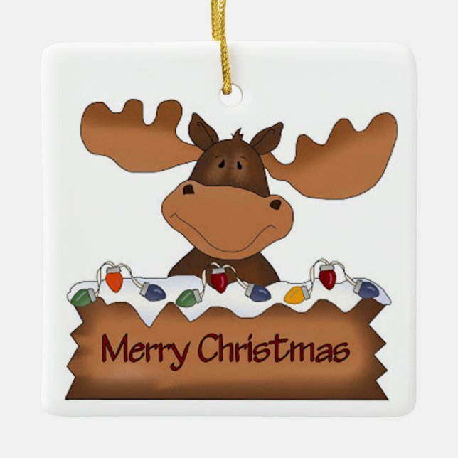 Merry Christmas Moose with Christmas Lights Ceramic Tree Decoration (Front)