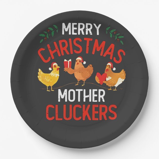 Merry Christmas Mother Cluckers Rooaster Xmas  Paper Plate (Front)
