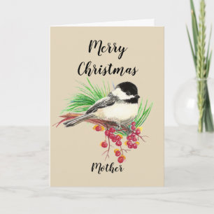 Merry Christmas Mother Watercolor Chickadee Art Holiday Card