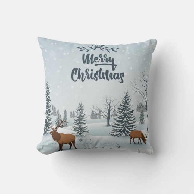 Merry Christmas Mountain Deer Cushion (Front)
