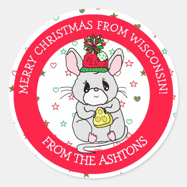 Merry Christmas Mouse with Cheese Holiday Classic Round Sticker (Front)