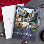 Merry Christmas multi family photo rustic winter Holiday Card<br><div class="desc">Rustic modern Merry Christmas handwritten calligraphy script six family photo collage navy white barn wood string lights holiday card with your custom personalised text on both sides.</div>