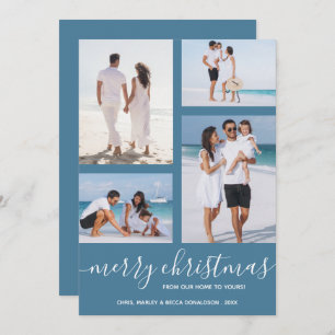 Merry Christmas Multi Photo Blue Holiday Card