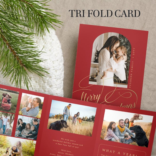 Merry Christmas multi photo family year in review  Tri-Fold Holiday Card (Creator Uploaded)