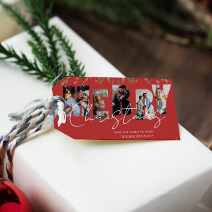 Merry Christmas Multi Photo Red Gold Holiday  Gift Tags