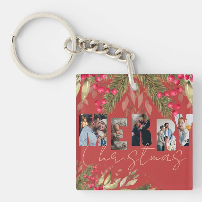 Merry Christmas Multi Photo Red Gold Holiday Gifts Key Ring (Front)