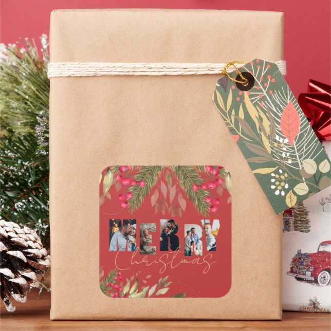 Merry Christmas Multi Photo Red Gold Holiday Party Square Sticker (Holiday)