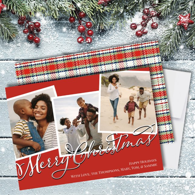Merry Christmas Multi Photo Red Holiday Plaid (Merry Christmas Red and Green Plaid Calligraphy Script holiday photo card. )