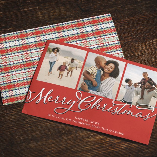 Merry Christmas Multi Photo Red Holiday Plaid (Merry Christmas Calligraphy red and green plaid multi photo greeting card)