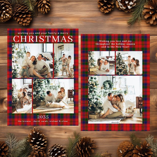 Merry Christmas Multi Photo Red Plaid Holiday Card (Creator Uploaded)