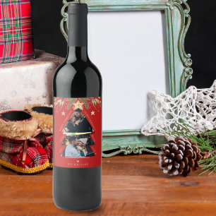 Merry Christmas Multi Photo Tree Red Holiday Wine Label