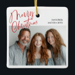 Merry Christmas Multi two photo Design Red Ceramic Ornament<br><div class="desc">Merry Christmas multi-photo design with two photos,  red writing</div>