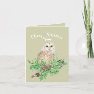 Merry Christmas Mum Barn Owl Watercolor Holiday Card