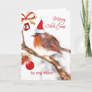 merry christmas Mum, cute sparrow red hat ornament Holiday Card