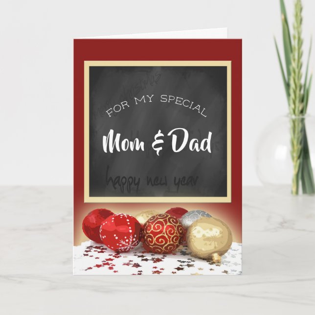 Merry Christmas Mum & Dad Chalkboard and Ornaments Holiday Card (Front)