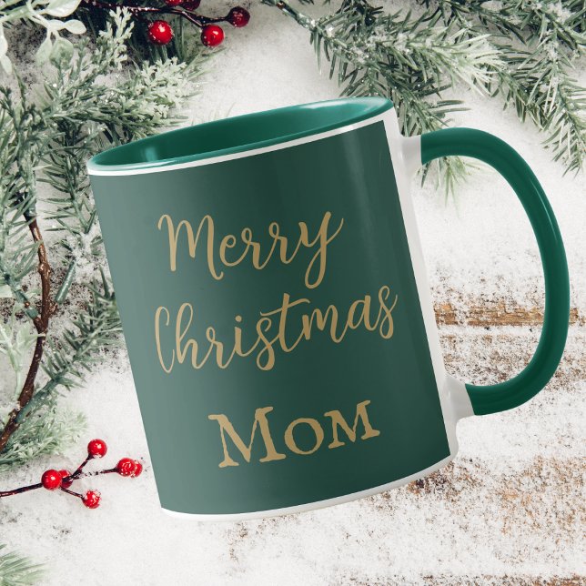 Merry Christmas Mum Green And Gold Script Mug (Creator Uploaded)