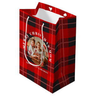 Merry Christmas Mum Red Plaid Personalised Photo Medium Gift Bag