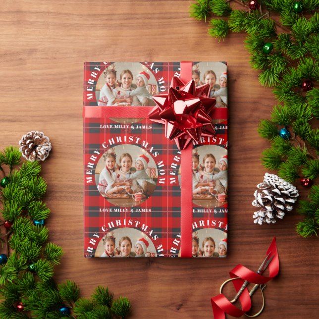 Merry Christmas Mum Red Plaid Personalised Photo Wrapping Paper (Holiday Gift)
