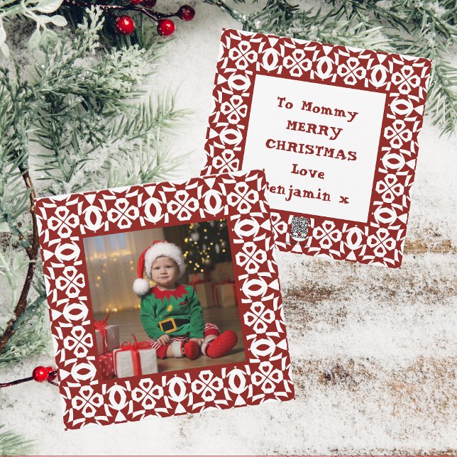 Merry Christmas Mummy Red White Geometric Photo Holiday Card (Creator Uploaded)