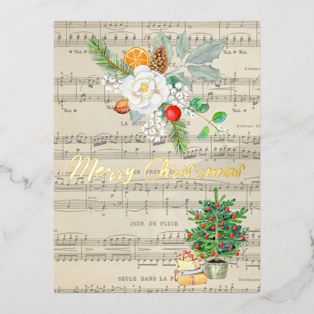 Merry Christmas Music Paper Winter Greeting Season Foil Holiday Postcard (Front)
