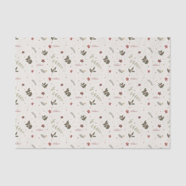 Merry Christmas Muted Holly Foliage Holiday Tissue Paper (Front)