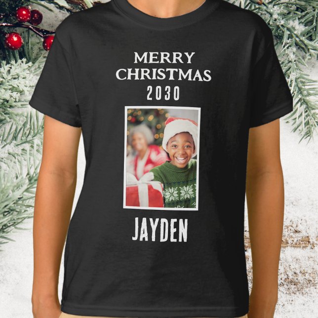 Merry Christmas Name And Photo Boys Black T-Shirt (Merry Christmas - Boys Photo Black T.Shirt)