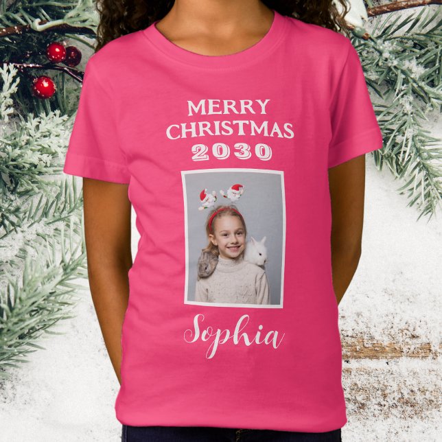 Merry Christmas Name And Photo Girls Pink T-Shirt (Christmas Photo - Girls Dark Pink T.Shirt)
