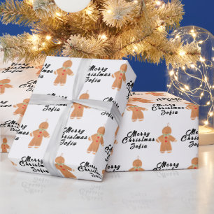 Merry Christmas Name Black White Gingerbread man Wrapping Paper