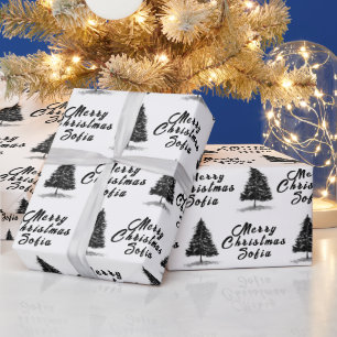 Merry Christmas Name Black White Simple Modern Wrapping Paper