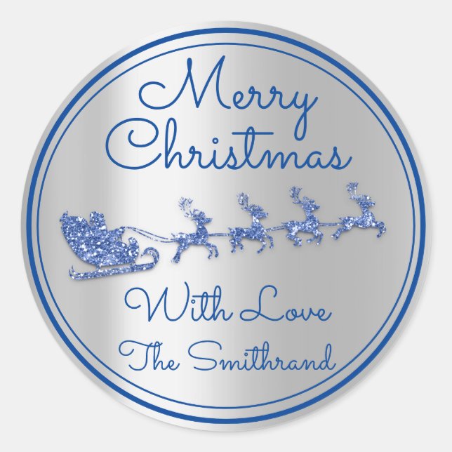 Merry Christmas Name Grey Sleigh Santa DeerGlitter Classic Round Sticker (Front)